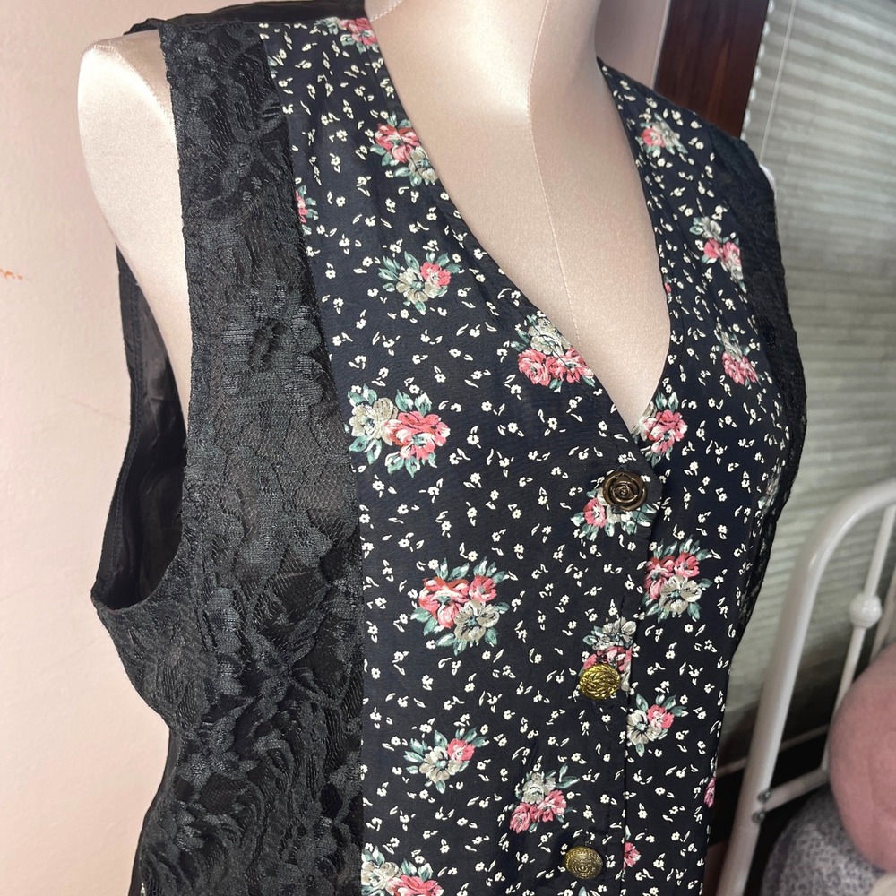 Vintage 90s Floral Lace Button Front Patchwork Vest Black Multi Made in USA 90s